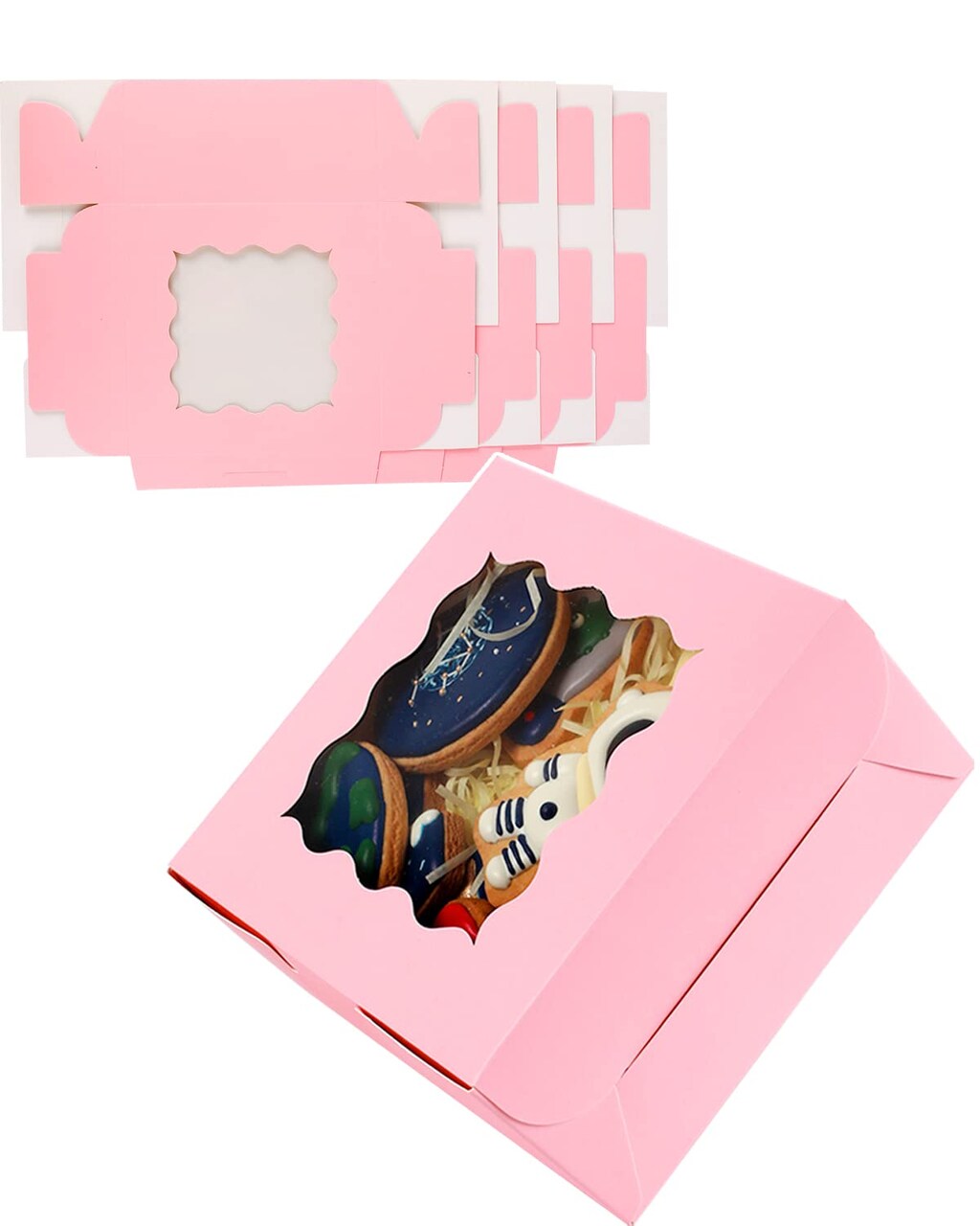 60 Pieces Pink Bakery Box with Window  6x6x3 Pink Cookie Boxes Pastry Box for Wedding Favor Birthday & Party
